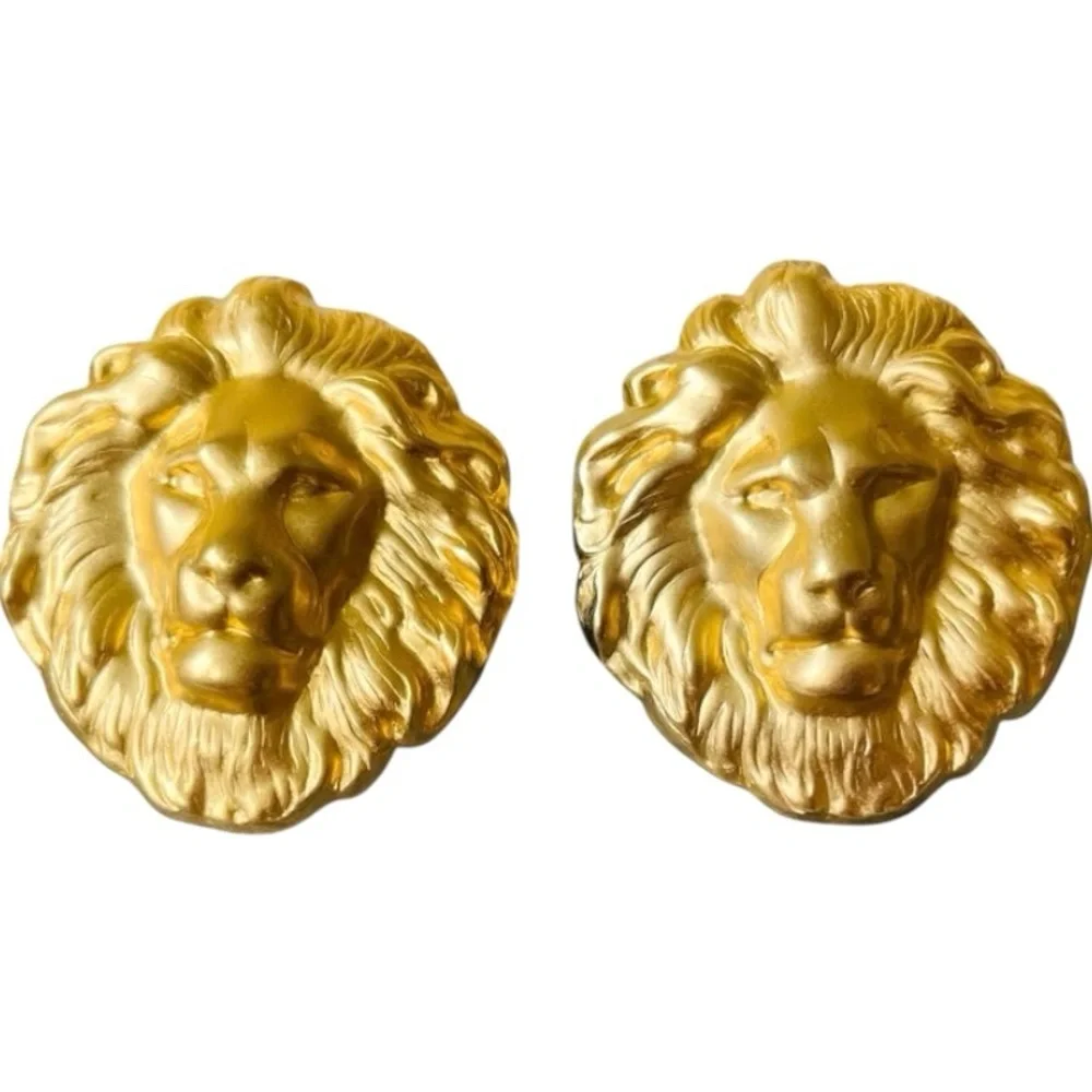 Vintage 1980s Gold Lion Head Statement Post Earrings Bold Gold - Picture 2 of 3